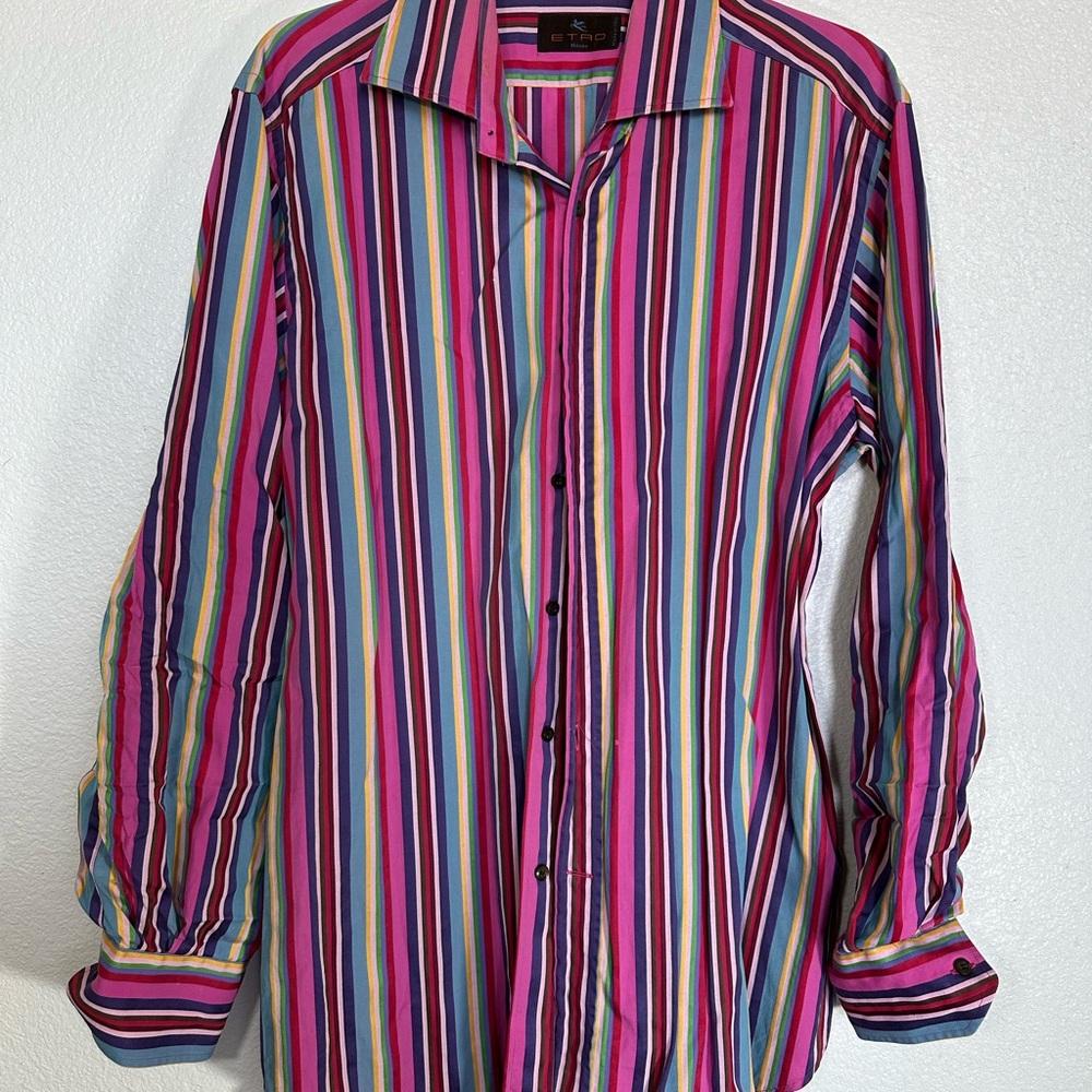 Etro Pink and Blue Casual Button Down Shirt with Vertical Stripes